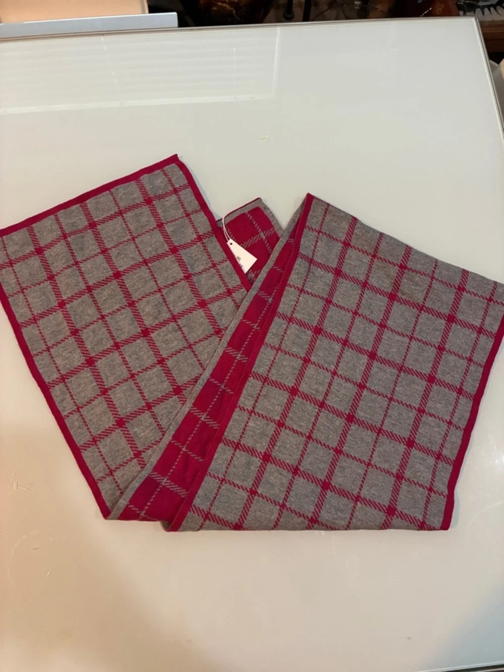 Coach Red and Gray Windowpane Wool Scarf - Picture 5 of 12